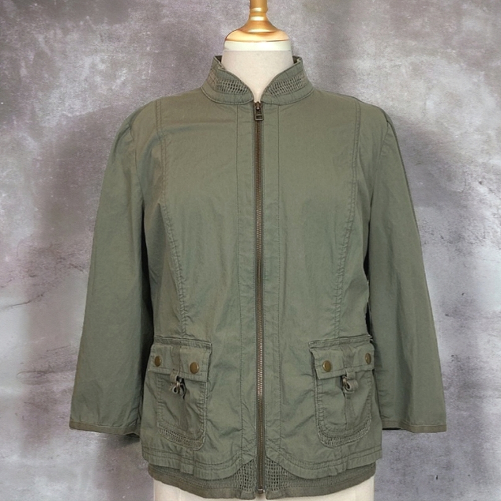 Chico's Lightweight Utility Jacket Army Green Size 3 Zippered
